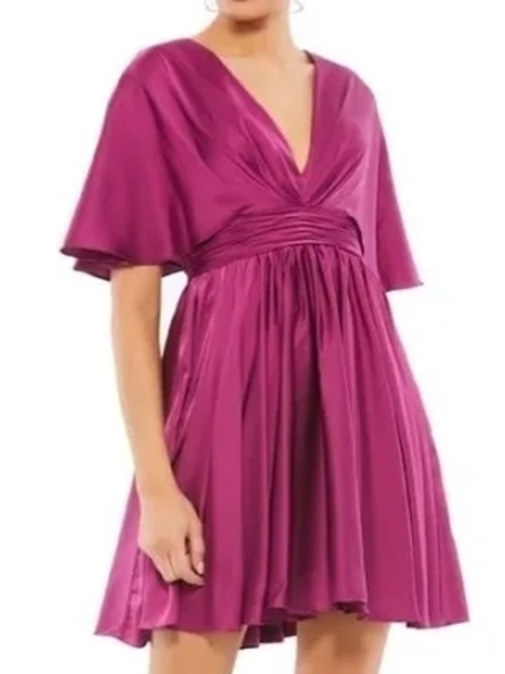 Satin V-Neck Short Sleeve Mini Dress in Magenta